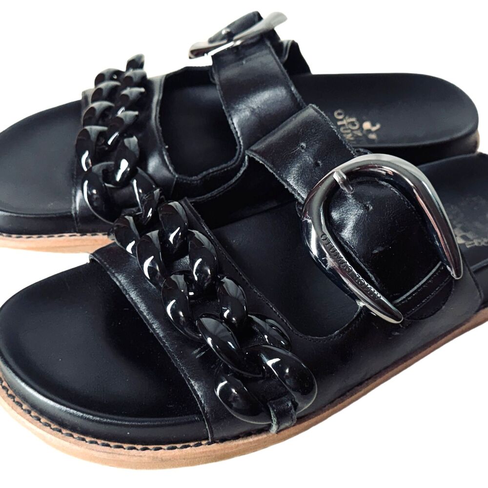 Vince Camuto Kennedys Sandals 9.5 Black Leather Shoes Chunky Chain Detail - Picture 3 of 8